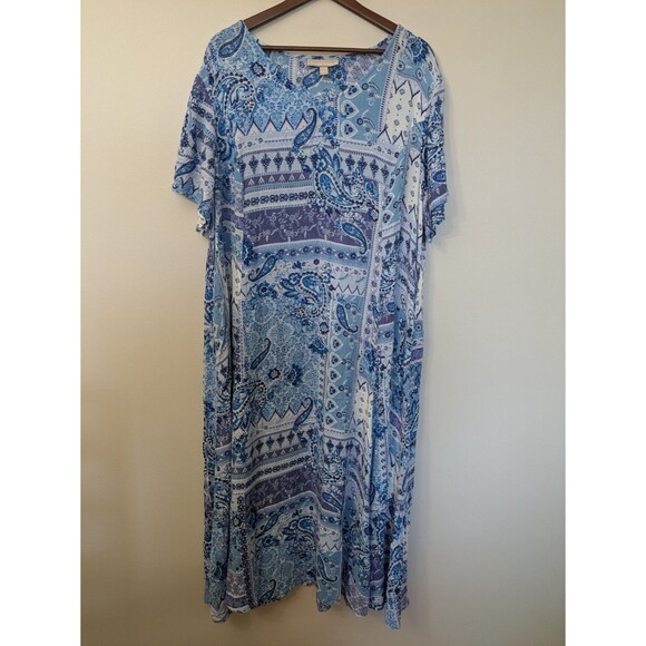 Woman Within Maxi Dress Size 1X 22/24 Blue Paisley Patchwork Boho Rayon Crinkle - Picture 1 of 8